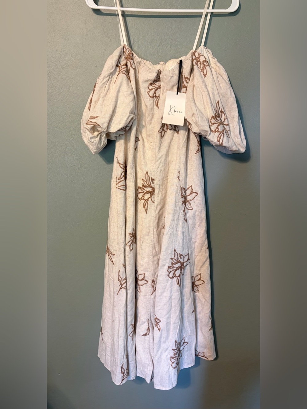 Linen Floral Puff Sleeve Off the Shoulder Midi Dress  NWT